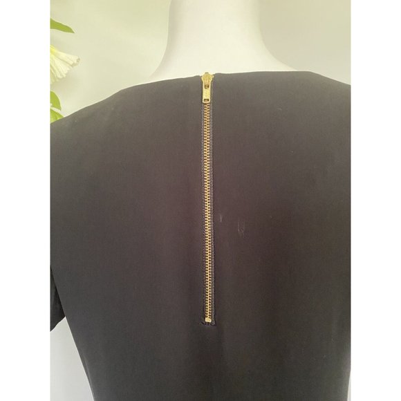 Cynthia Rowley Women's Shift Dress Size 2‎ Black Fringe Crochet Hem Gold Zipper - Picture 9 of 12